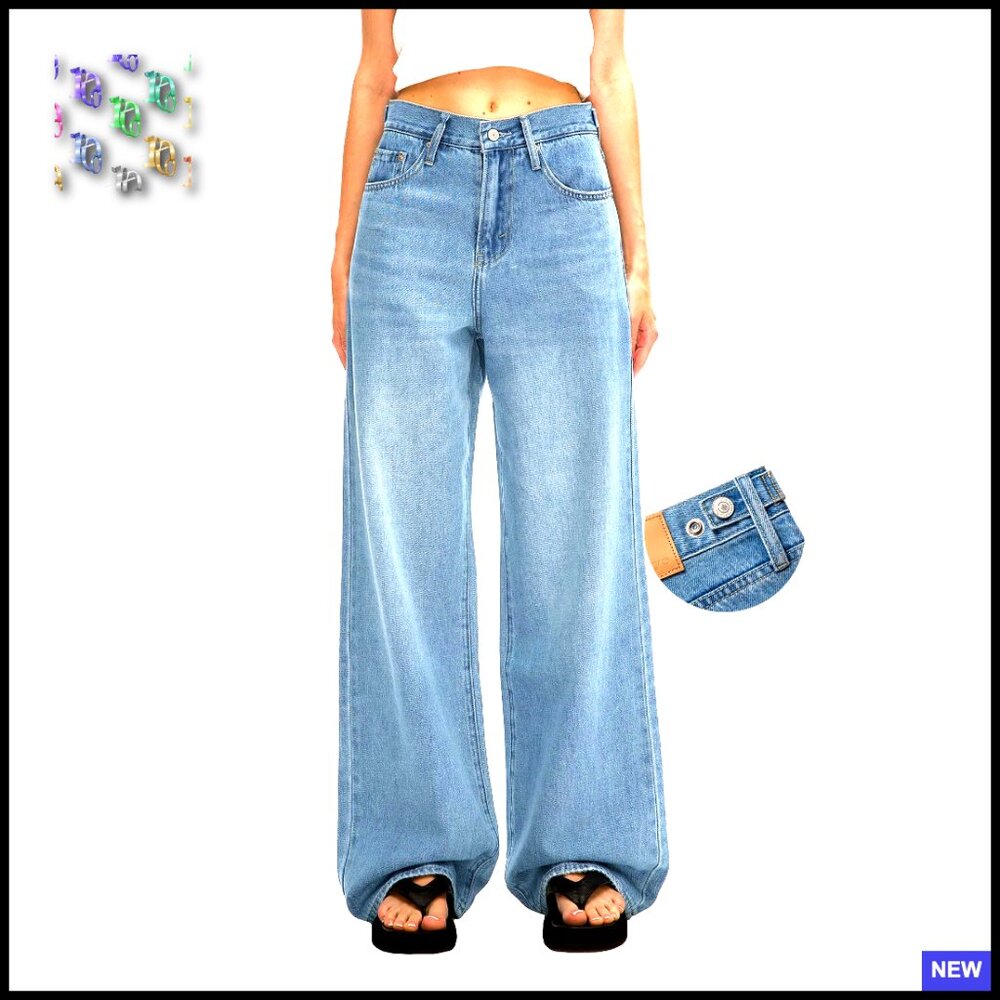 Adjustable Waist Baggy Jeans Wide Leg High Rise Denim Pants Y2K Trousers